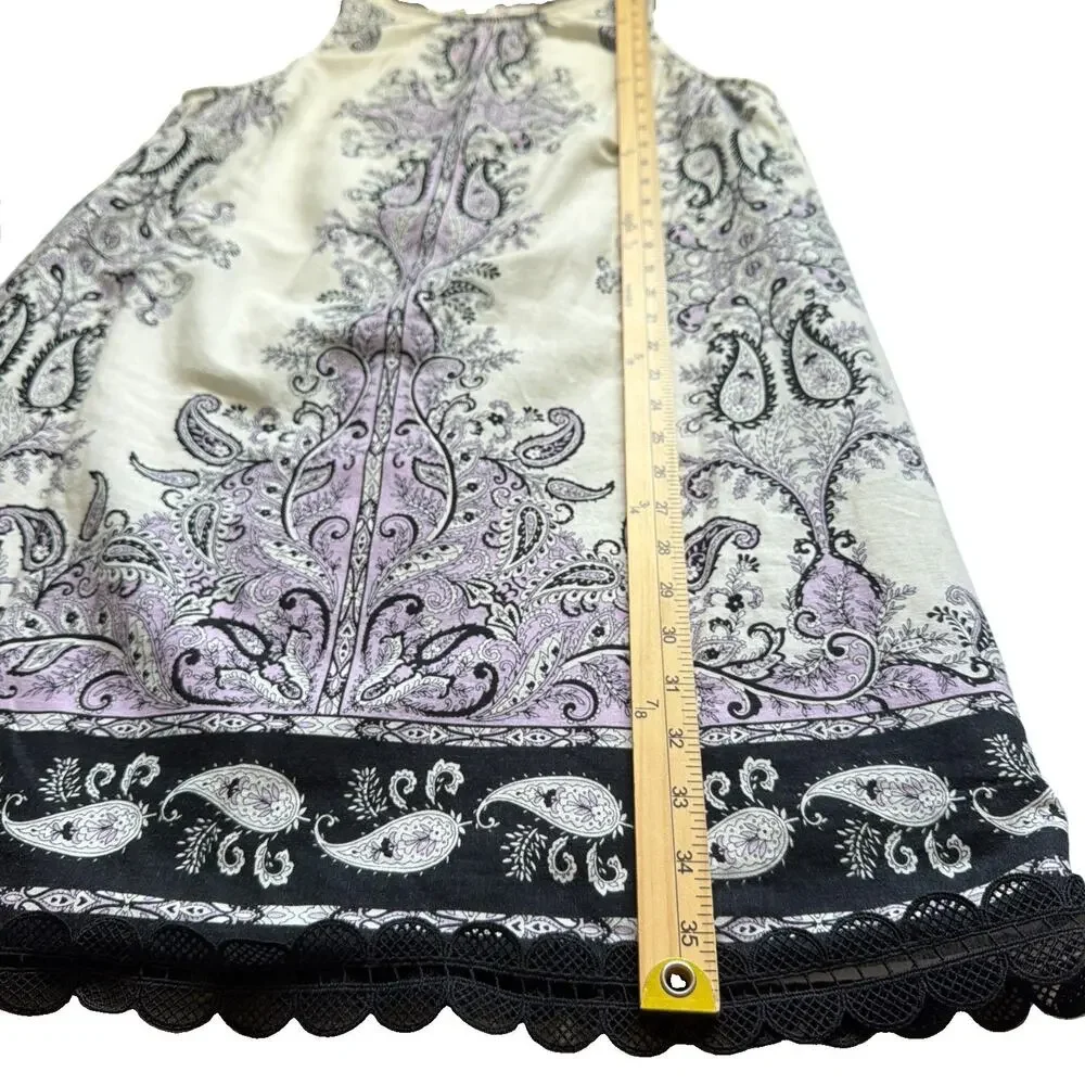 Loft Linen Blend Sleeveless Dress Womens Size 10 Cream Purple Lace Trim Paisley